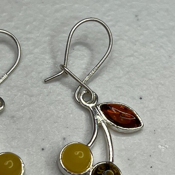 Sterling Silver 925 Amber Drop Dangle Earrings With Leaf & Round Design - Picture 8 of 14